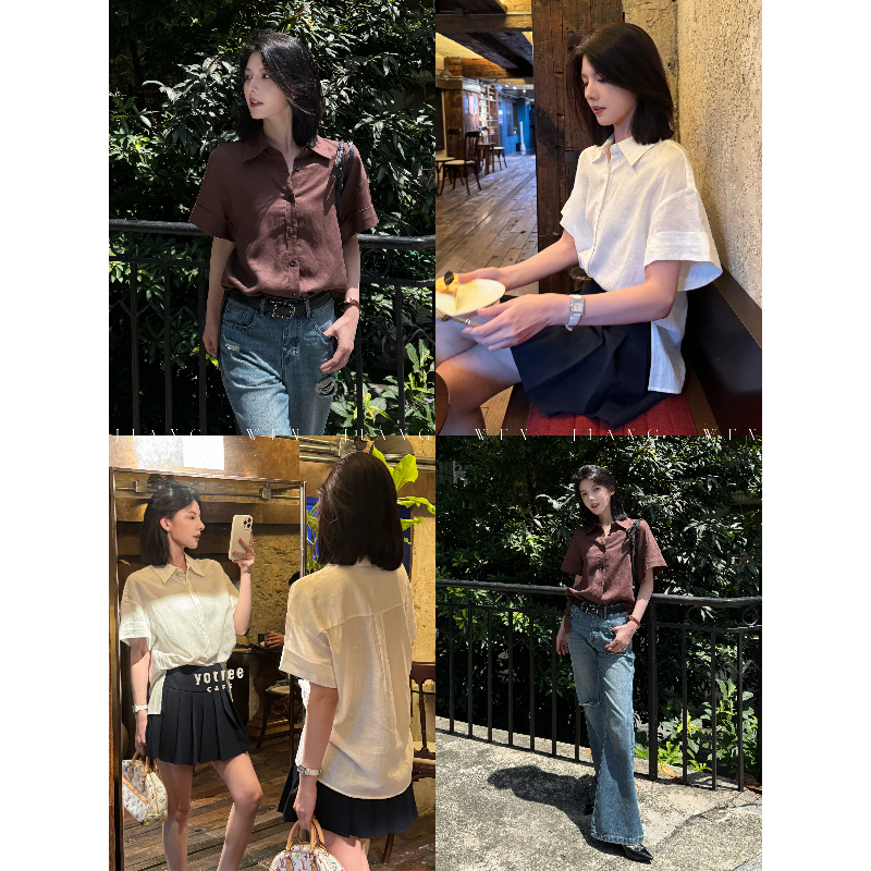姜雯7.8上新设计感时尚复古短袖衬衫宽松显瘦廓形衬衫