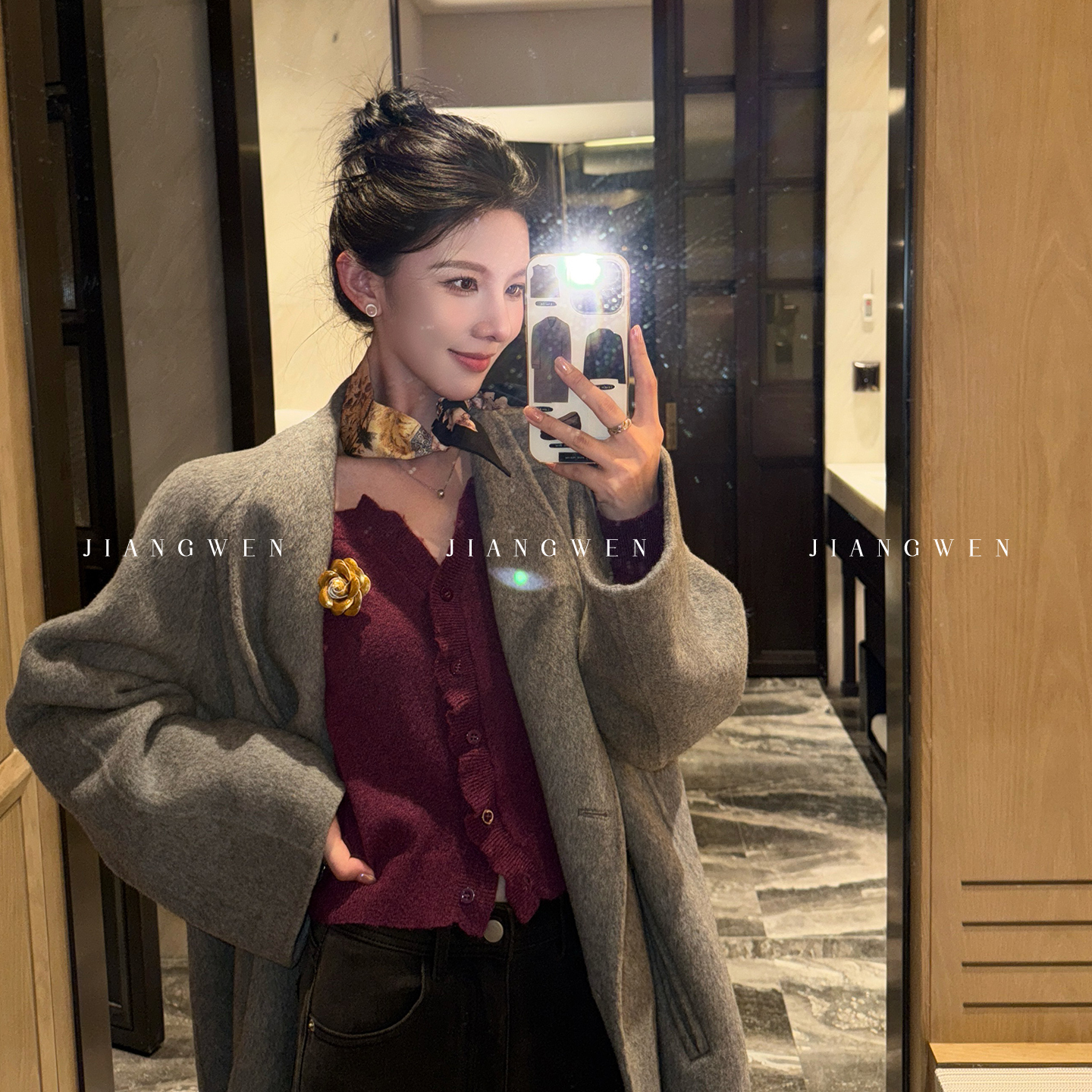 姜雯极简宽松V领双面呢毛呢外套