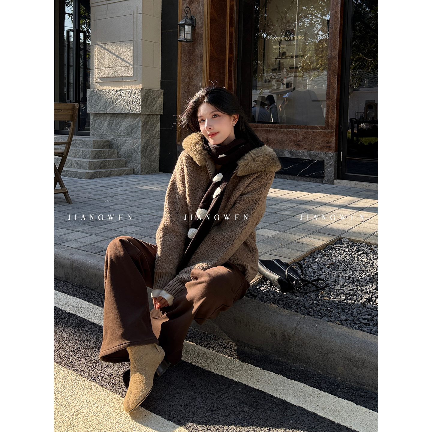 100绵羊毛可拆卸毛领毛衣开衫