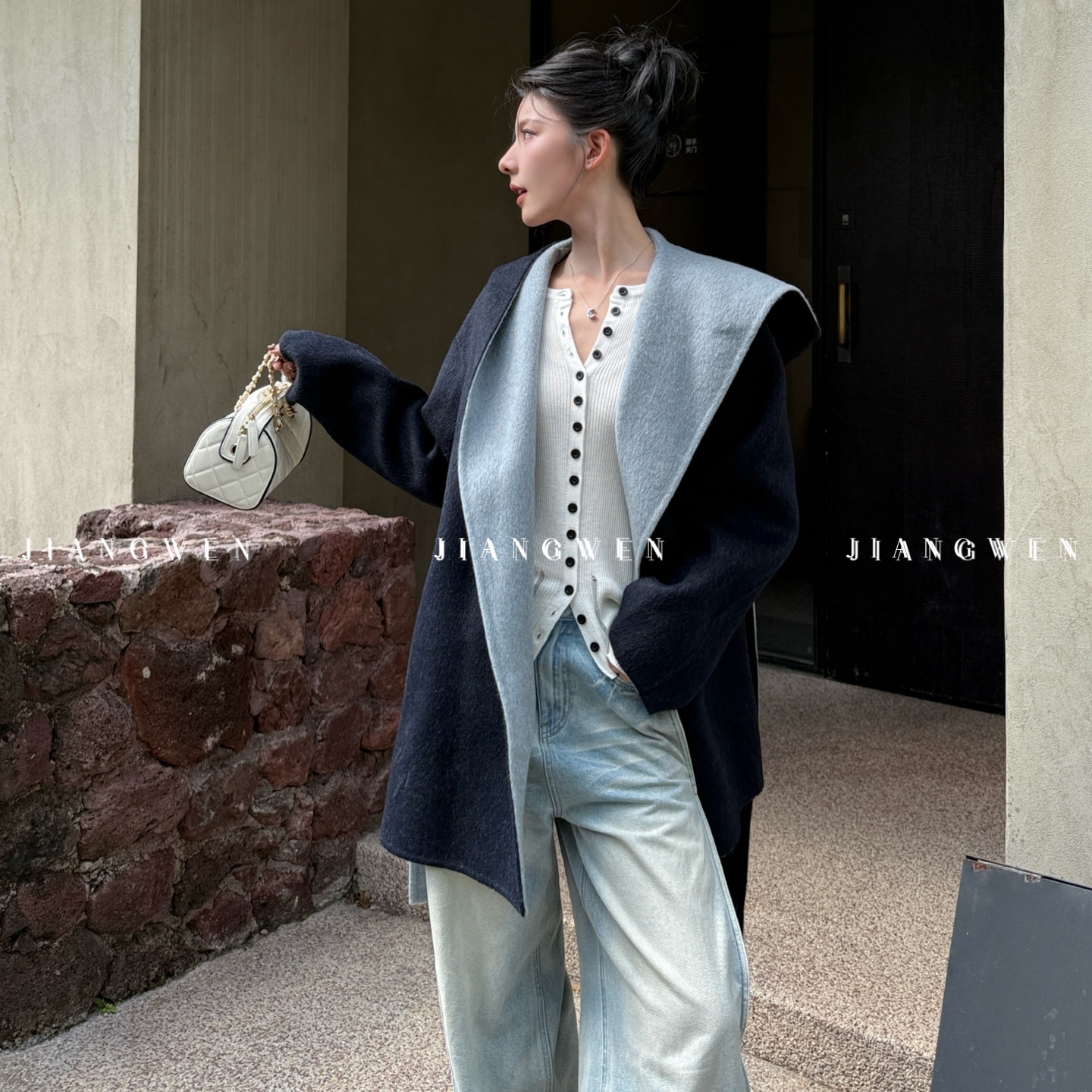 姜雯 双面呢羊毛连帽双面双色毛呢外套女秋冬撞色绑带中长款大衣