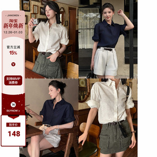 白色衬衣休闲薄款 T恤女夏日防晒冰丝半袖 衬衫 姜雯藏蓝色亚麻短袖