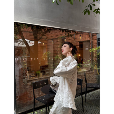 法式白色蕾丝衬衫女士夏薄款防晒宽松慵懒风花边刺绣长袖外套外搭