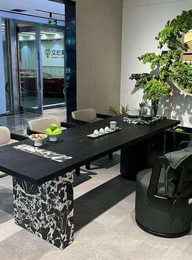 新式中美黑胡桃木茶北桌高端轻BMS奢岩板办公室茶宋式美学实台木