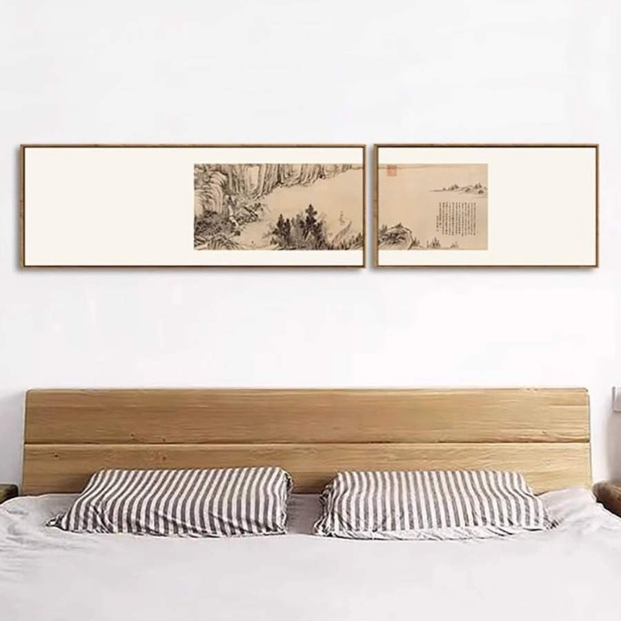 新中式双联风景山水挂画茶室客厅书房民宿卧室壁画禅意组合装饰画图片