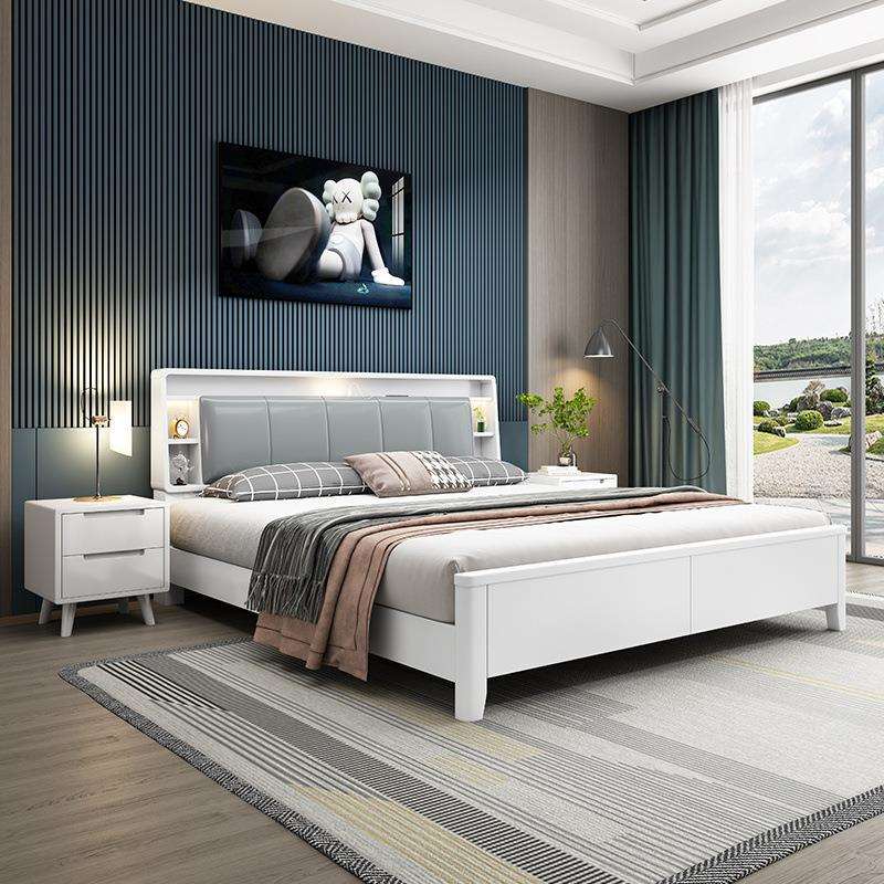 轻实木床奢储物现代约1.8米双人床靠充电主F05#卧多功能置物简床