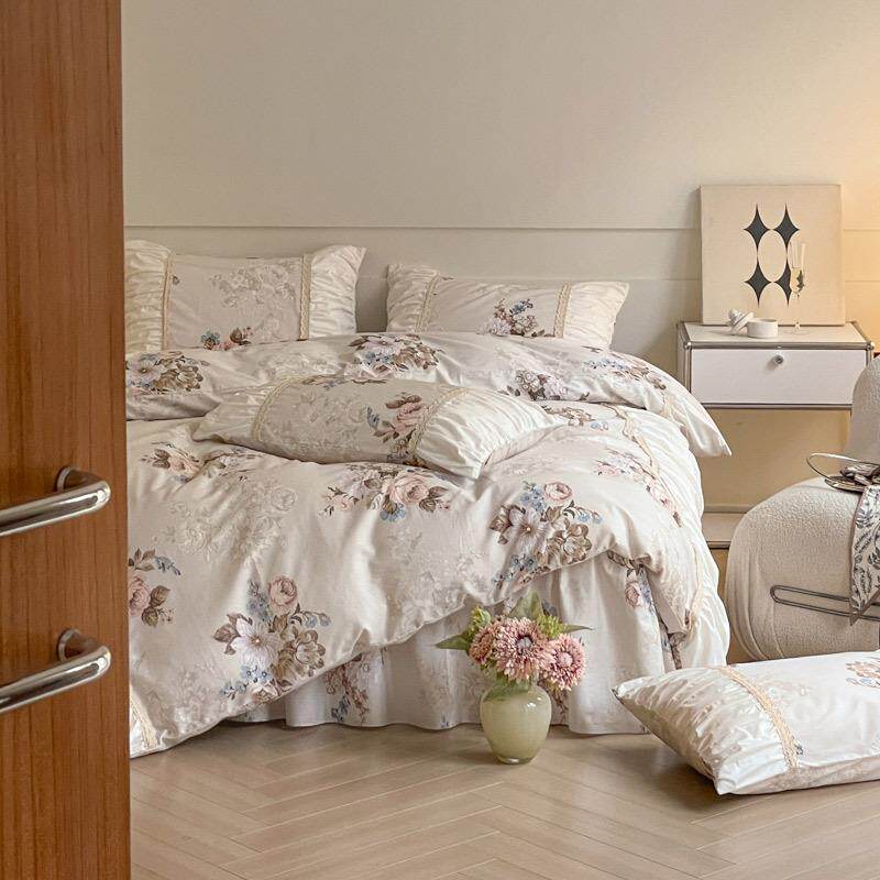 法式奶褶油风裙纯棉四件套全棉皱花边被套床款古床品复长LIC绒棉