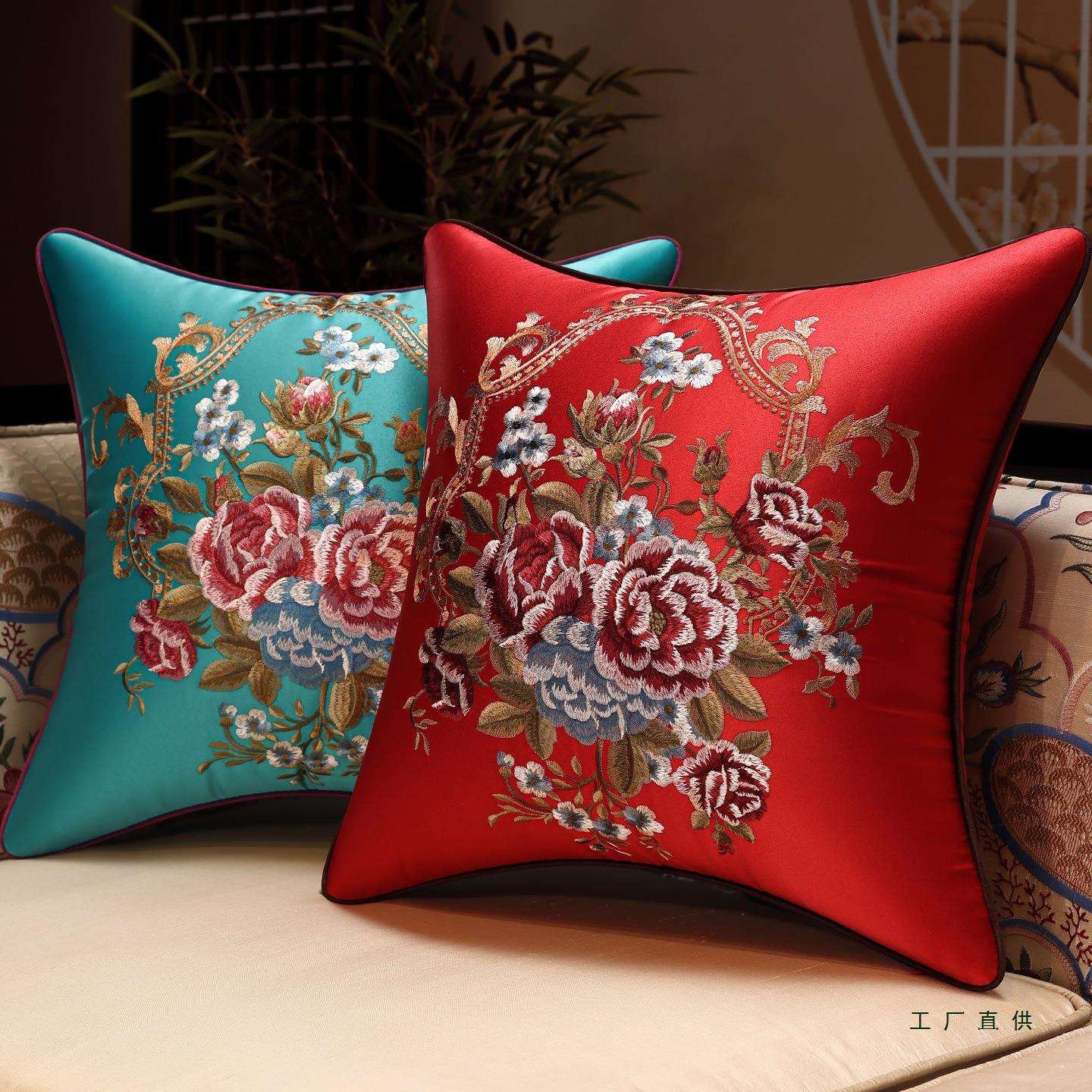 中式抱枕沙发靠垫客中F5M57588国风厅椅子刺绣花套床头靠背欧式靠