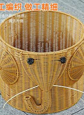 仿藤厅意家纳用收纳脏衣带盖收筐蒌客大象创72417造型纯手工编织
