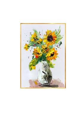 纯手立体现代装画饰静物花瓶日葵油画入ss66向户玄关轻奢油画艺绘