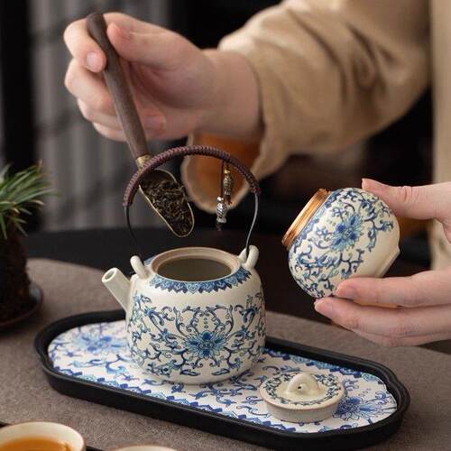 窑青花缠莲提梁泡壶旅行茶具套YS822装户外枝出差便携式旅汝游茶