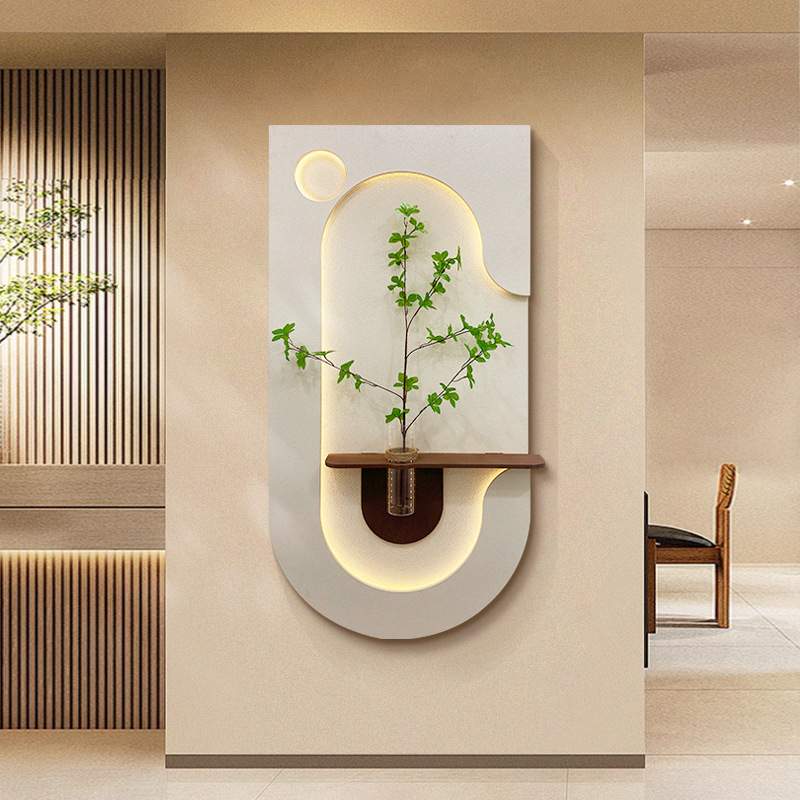 奶油风玄关装饰画水培绿植入户走廊壁灯挂画过道墙画立体砂岩壁画图片