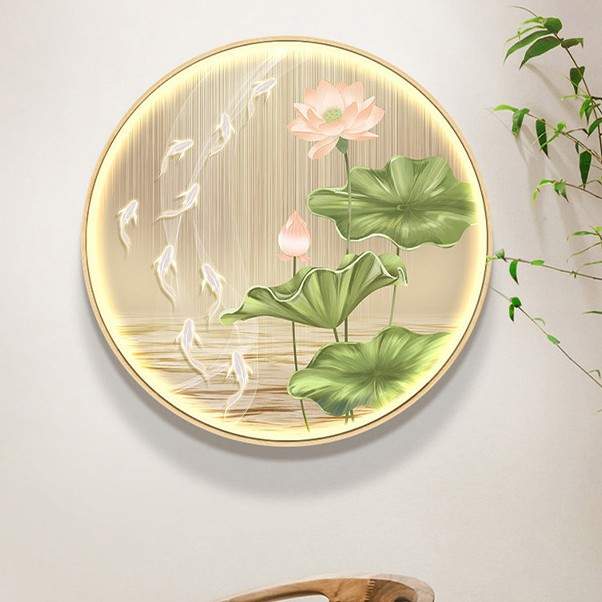 荷花九鱼图玄关装饰画新中式圆形画走廊过道挂画轻奢led灯画壁画图片