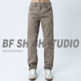 男士 2025新款 修身 美式 直筒弹力纯色休闲裤 灰咖色牛仔裤 窄版 子 爆款