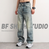 潮牌浅色休闲裤 高街弯刀裤 子 男款 美式 2026新款 复古宽松直筒牛仔裤