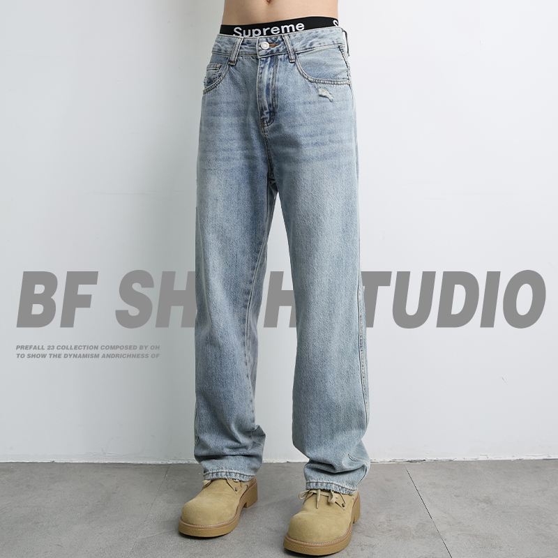 2025秋季新款破洞牛仔裤男款直筒潮流刮烂浅色水洗宽松长裤子水洗