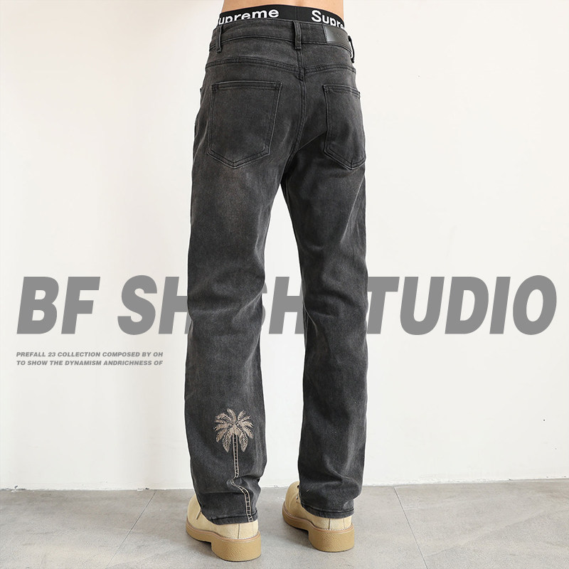 椰树刺绣黑灰色牛仔裤男士2026新款复古休闲宽松小直筒长裤子弹力