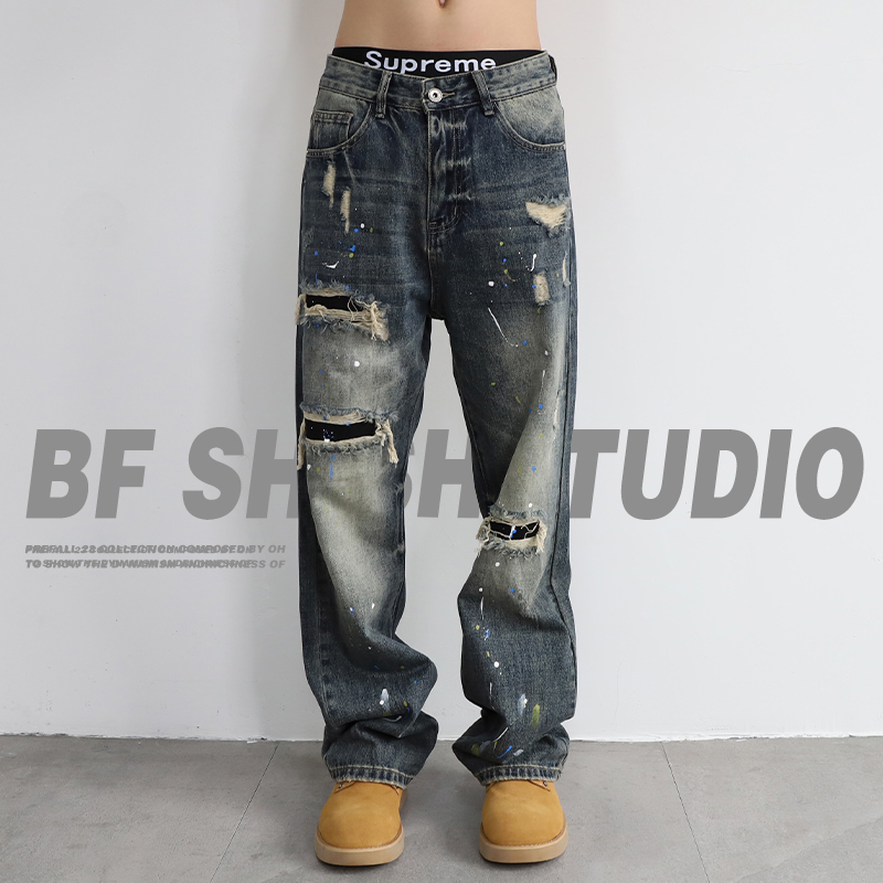 破洞牛仔裤男长裤宽松直筒秋季