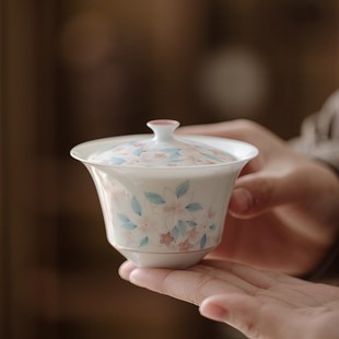 手绘凌霄花盖碗单个女士泡茶茶碗茶杯陶瓷高档功夫茶具不烫手送礼