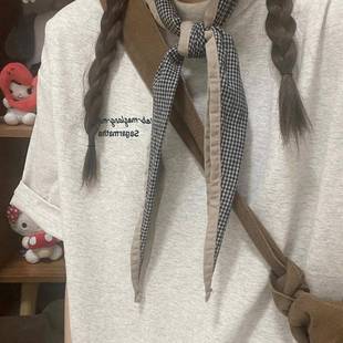 方巾系脖夏季薄款文艺小格子棉麻围巾日系百搭小领巾护颈菱形头巾