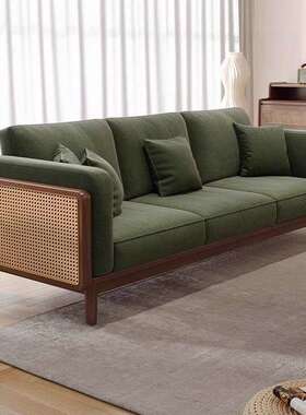 新中民式木制布艺沙木发椅藤编木沙发组合宿客厅实小NMW户型黑胡