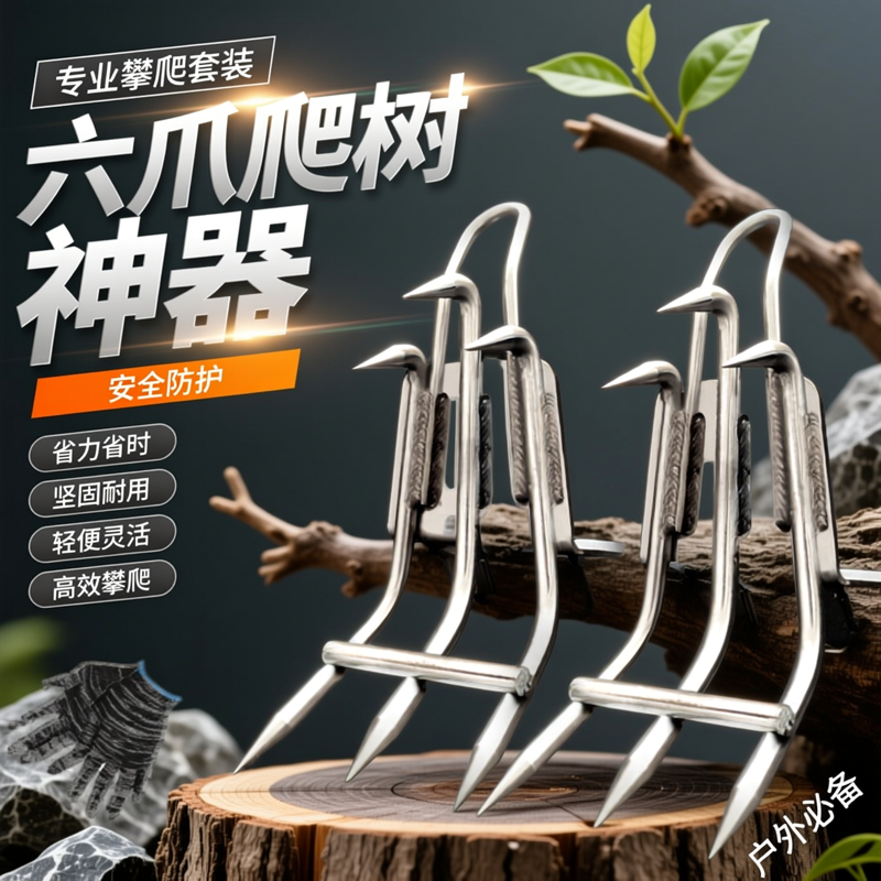 【不锈钢】爬树神器五爪六爪猫爪大拐上树专用工具爬树钉脚扎子