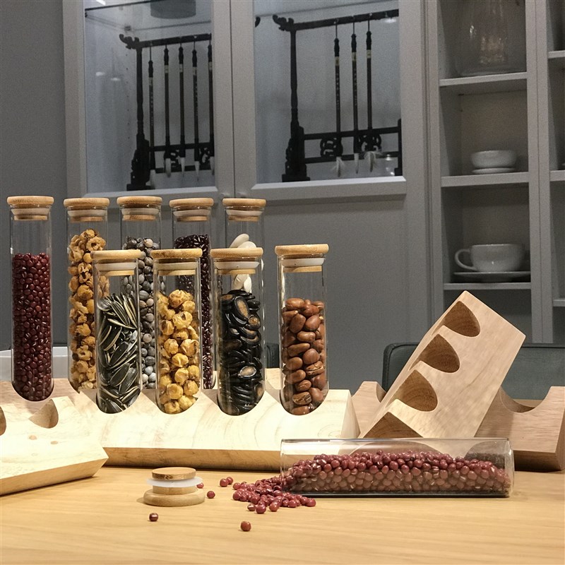咖啡豆试管展示架 厨房密封罐豆类储存陈列架玻璃瓶创意实木收纳