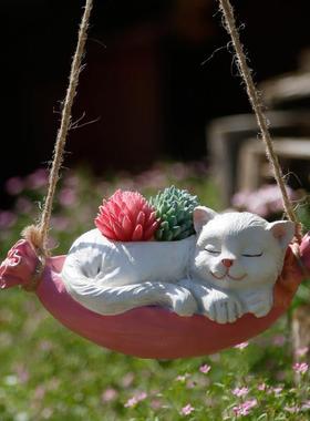 荡秋千小猫咪摆件庭院装饰花园彷真动物可爱阳台布置挂件日式创意
