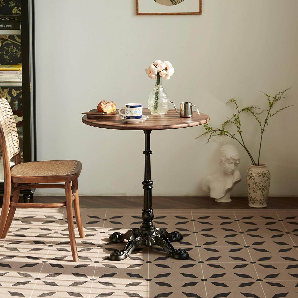 里昂咖啡桌圆餐桌黑胡桃圆形家用轻奢小户型北欧简约实木圆桌