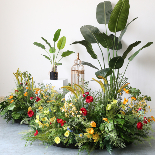 橱窗美陈绿植造景仿真植物插花摆件展台布置背景仿生花丛假花草