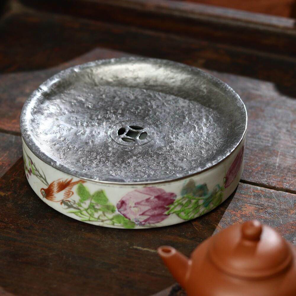 晚清民国手绘粉彩花鸟老瓷器建水茶缸壶承茶盘茶池茶船杯托壶托