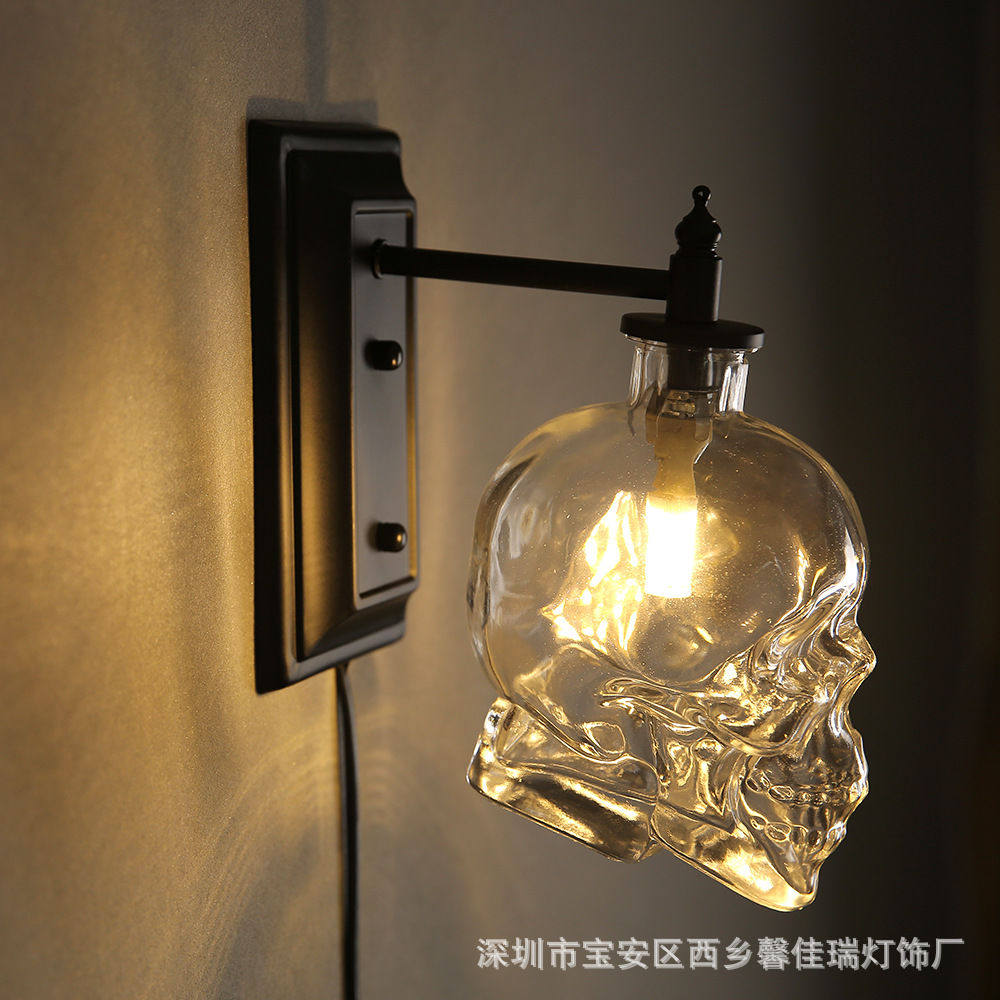 loft个性创意水管酒吧壁灯北欧现简约复古工业风骷髅头酒壁灯