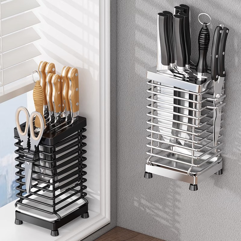 厨房家用刀架不锈钢台面多功能放菜刀剪H刀壁挂式刀座收纳沥水架