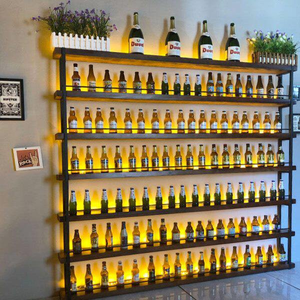酒吧铁艺隔断啤酒红酒架餐厅墙上装饰实木吧台发光酒柜展示置物架