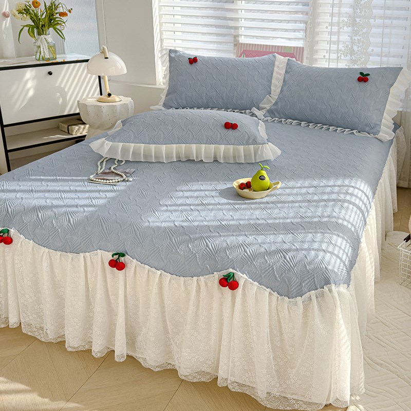 韩系手作PE中分子冰丝凉席蕾丝花边樱桃冰豆豆夏季凉感软席三件套