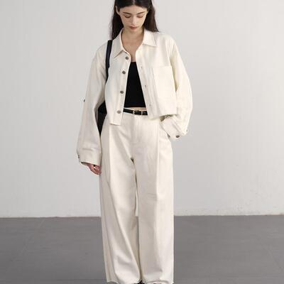 NOEND白色复古洗水牛仔夹克套装