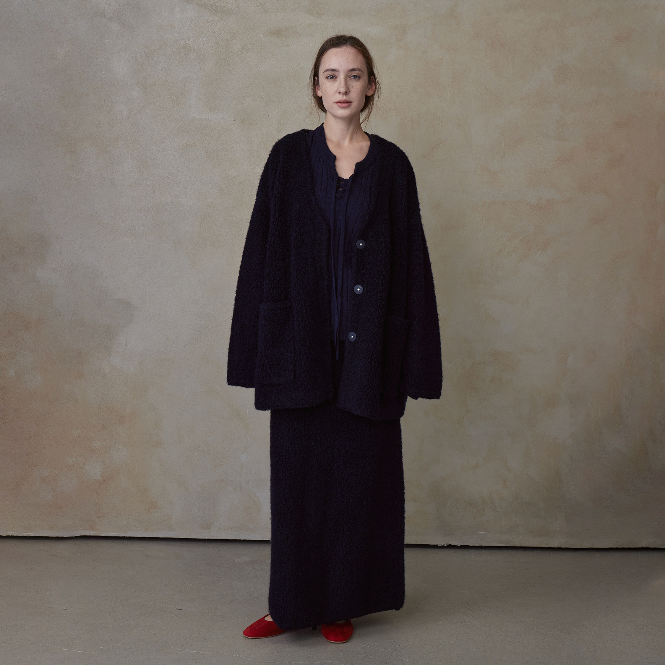 NOEND24AW 月斜疏 圈圈纯羊毛加厚皮草外套直筒半裙套装