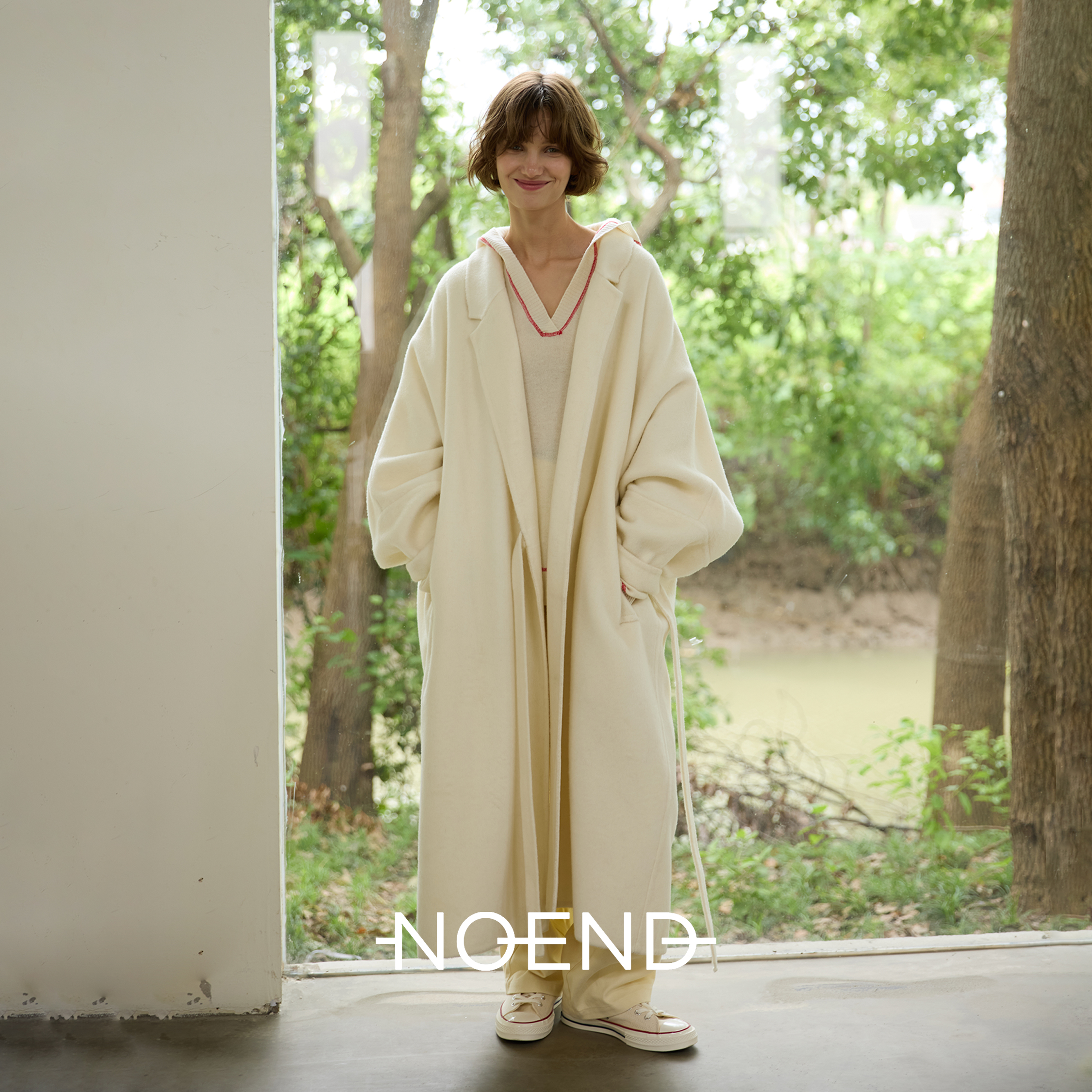 NOENDNOEND 25AW100%羊毛西装领浴袍慵懒宽松双面系带长款大衣