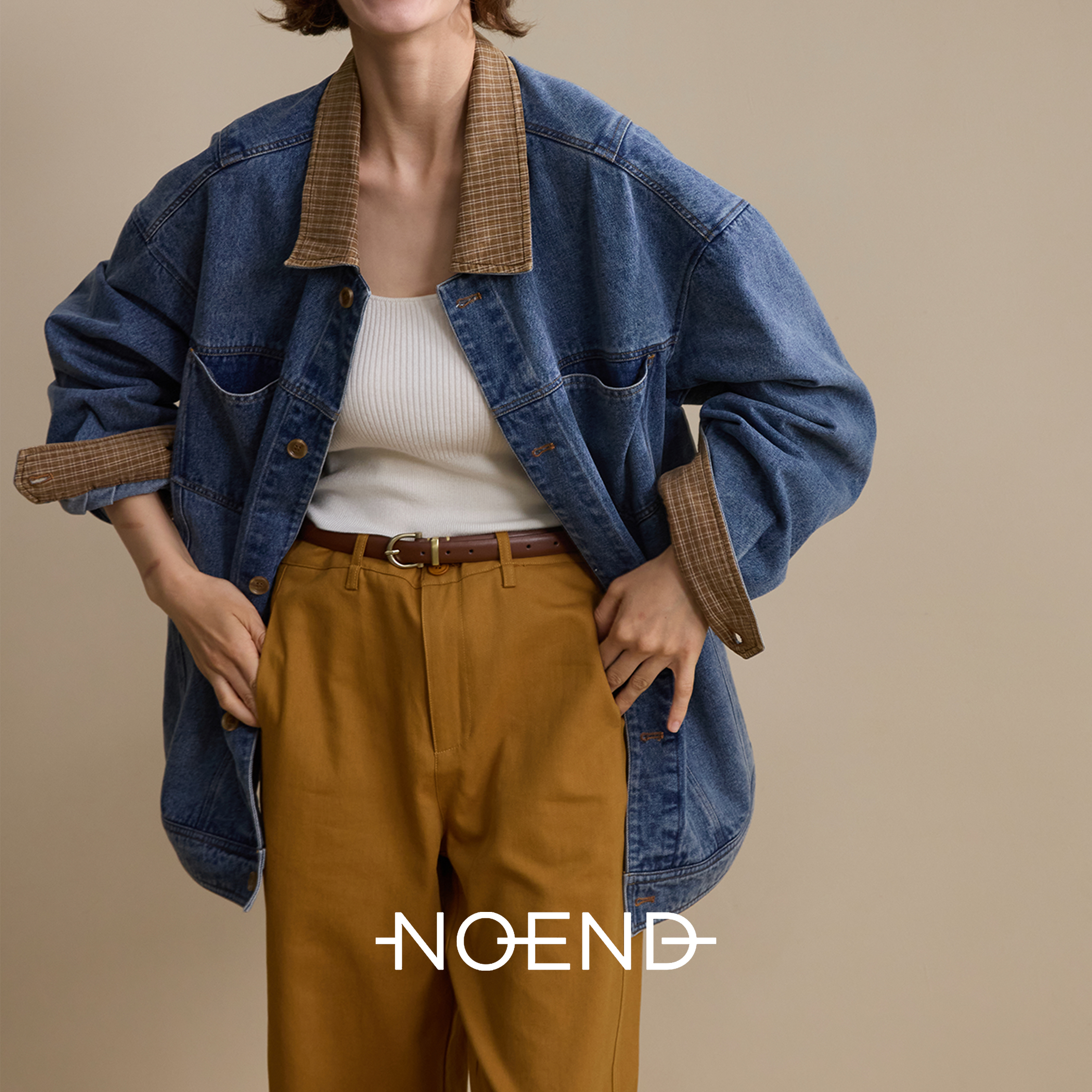 NOEND25AW  【自由丹宁】90s复古洗水格纹翻领牛仔夹克 伞裙