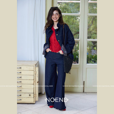 NOEND26/复古斜纹水洗原牛撞色线抽绳花苞领休闲牛仔夹克外套