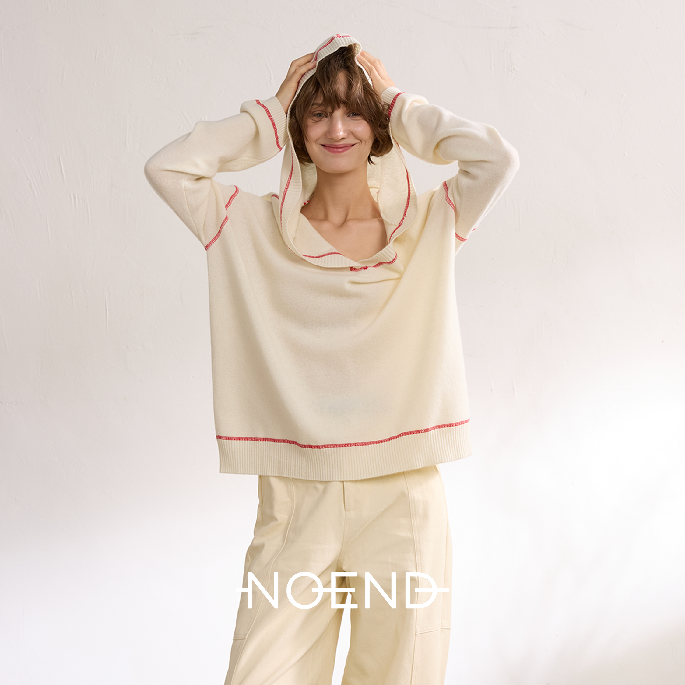 NOEND漫游冬野画境系列100%绵羊毛撞色刺绣线条连帽长袖休闲上衣