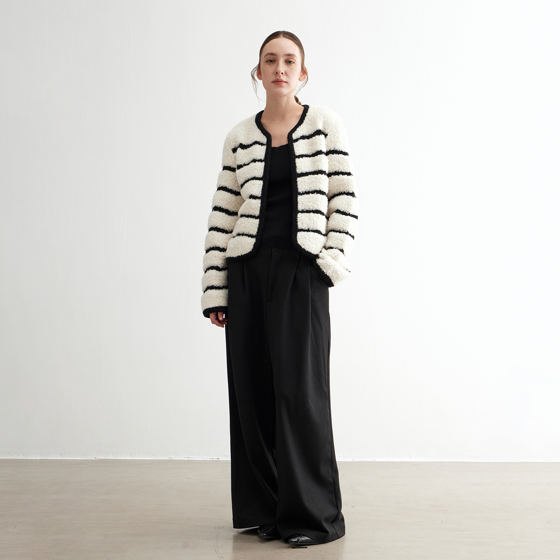 NOEND2024冬季新款显瘦风羊毛外套黑白条纹牛角女洋气上衣外套