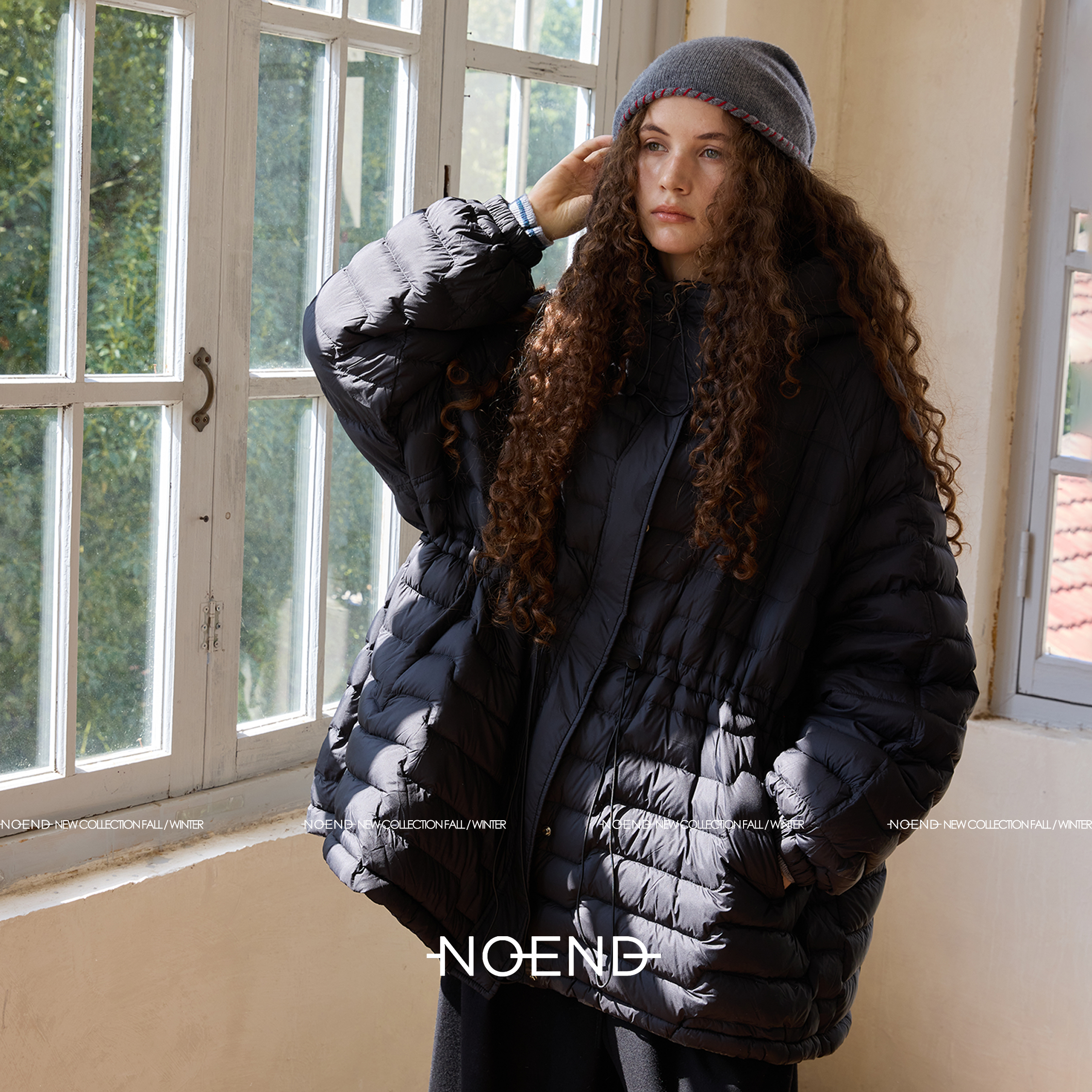 NOENDNOEND25/日系90白鸭绒连帽收腰中长款绗线轻盈羽绒服