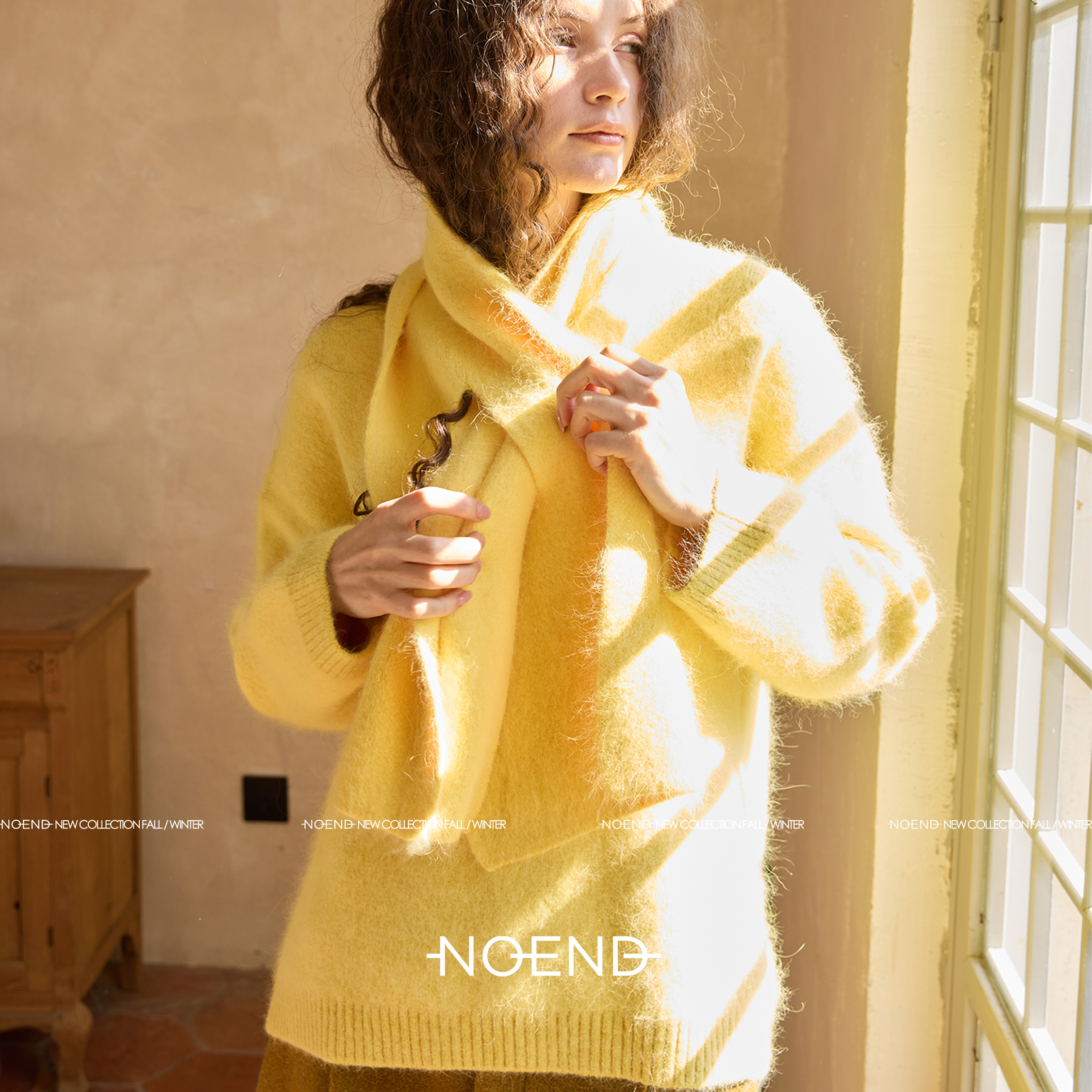 NOEND25软糯长毛V领毛衣+围巾套头宽松慵懒百搭