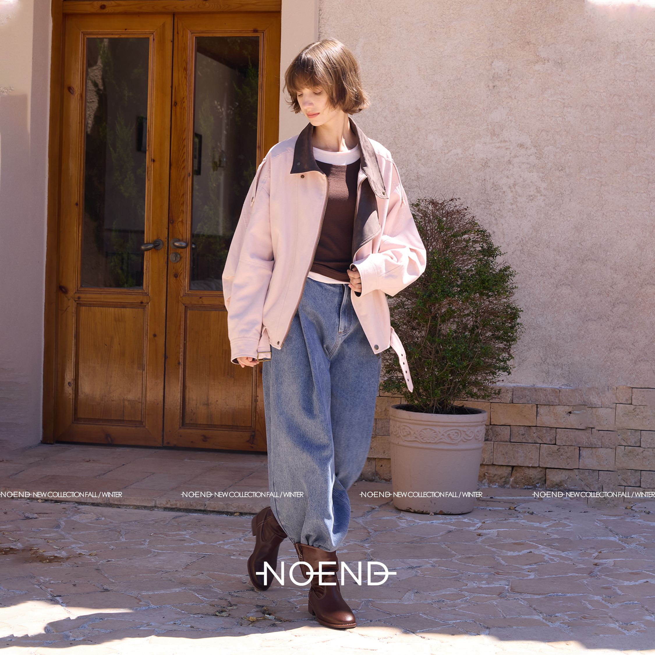 NOEND25/复古粉棕可露丽麂皮翻领可脱卸羽绒