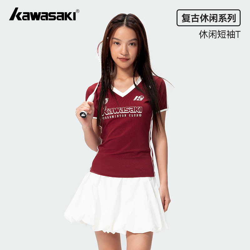 川崎羽毛球服女短袖2026新款夏季运动网球比赛服修身短款上衣T恤