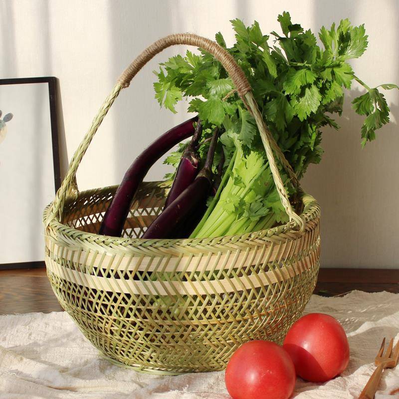 圆篮子工竹编DTA竹篮篮子织手提菜篮鸡蛋水果收纳竹筐竹手编竹器