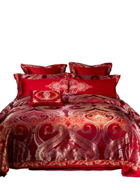 高档欧式婚花庆床上品件套 贡缎提用大红色喜庆被套四结婚SC-JCBL