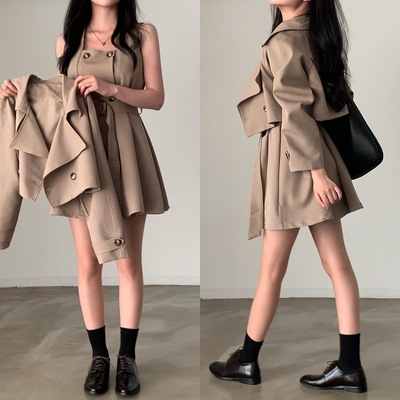 尺码更新韩国chic秋季新款复古无袖连衣裙+短款风衣外套女装2025