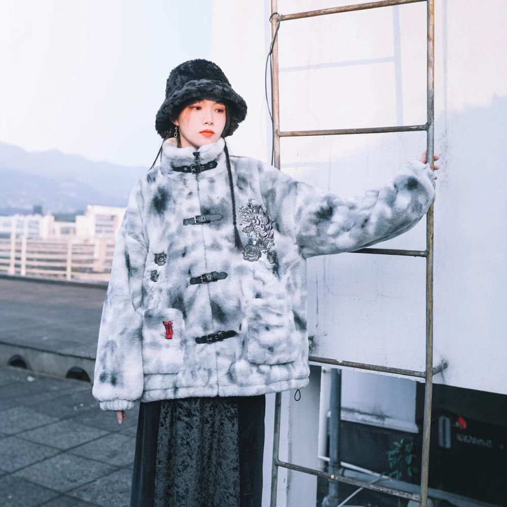 厂家直供 仿兔毛绒外套男女冬季新中式大衣国风刺绣皮草保暖上衣