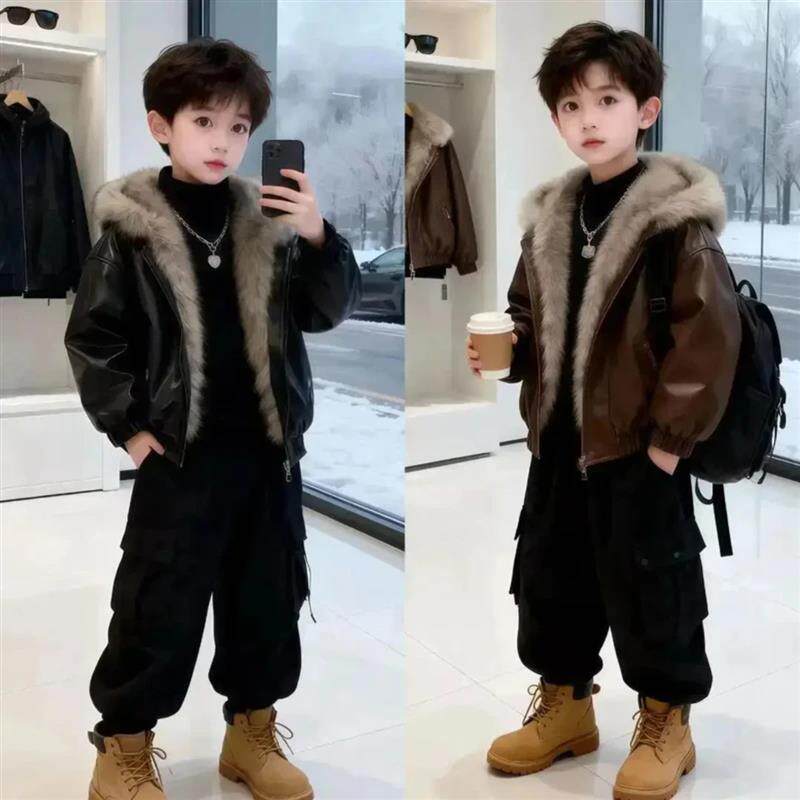 舒沁甄选男童中大童韩版两面穿加绒皮衣外套秋冬儿童夹克